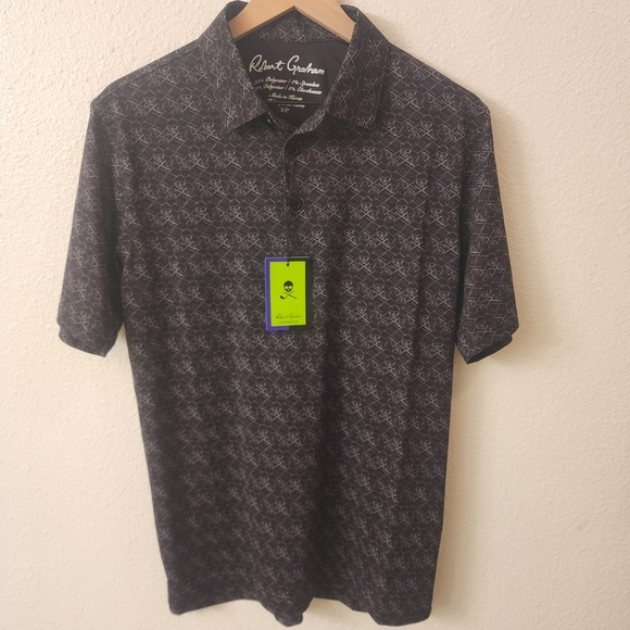 Robert Graham Clubhouse Skull All Over Print Iron Skul Black Polo Mens sz Small - Picture 1 of 8